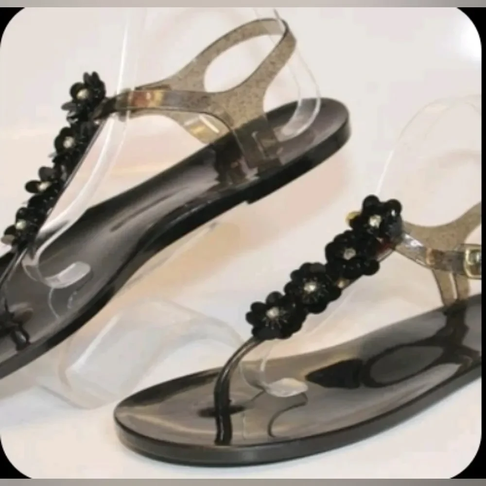 NEW Kate Spade Designer Jelly Black Sandals FLORAL 11